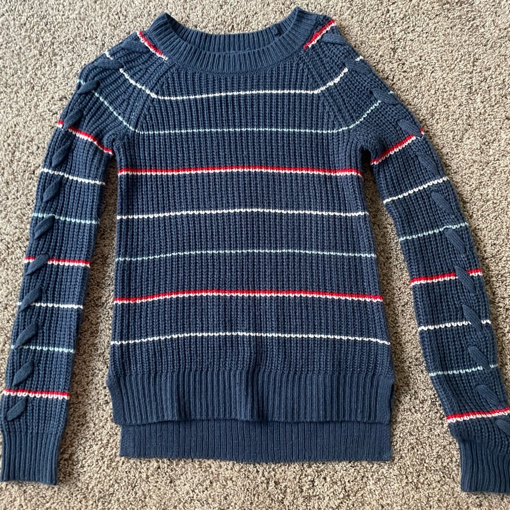 SO Blue Knit Sweater with Red and White Accents